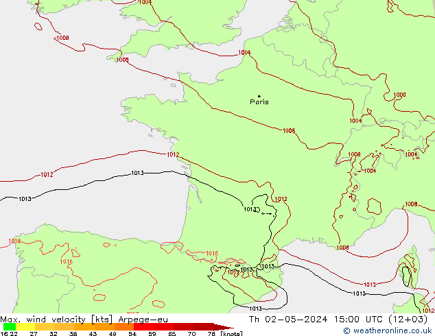 Max. wind snelheid Arpege-eu do 02.05.2024 15 UTC