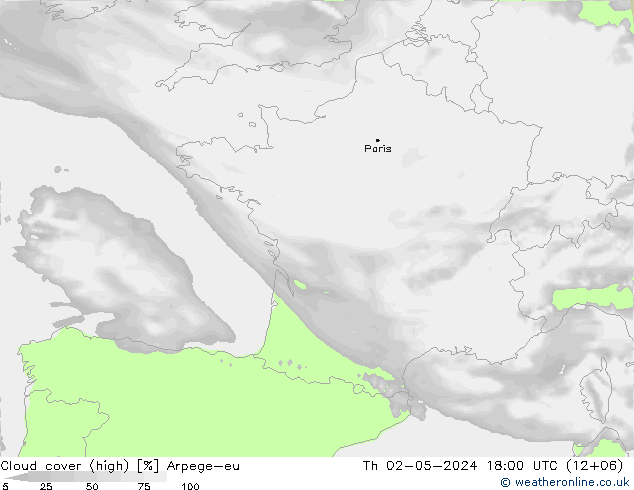 Cloud cover (high) Arpege-eu Th 02.05.2024 18 UTC