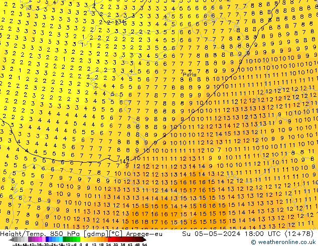 Height/Temp. 850 гПа Arpege-eu Вс 05.05.2024 18 UTC