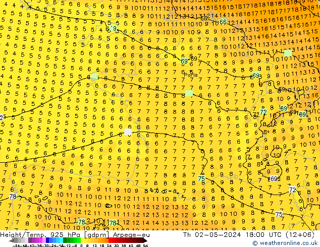 Height/Temp. 925 гПа Arpege-eu чт 02.05.2024 18 UTC