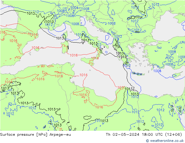 Pressione al suolo Arpege-eu gio 02.05.2024 18 UTC