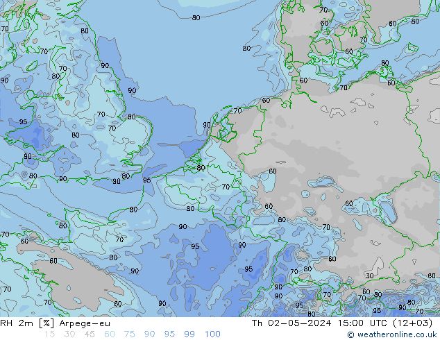 RH 2m Arpege-eu Čt 02.05.2024 15 UTC