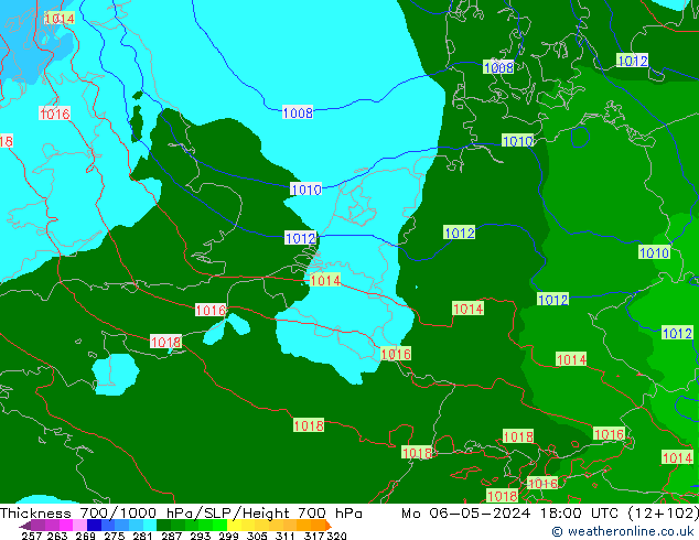 Thck 700-1000 гПа Arpege-eu пн 06.05.2024 18 UTC