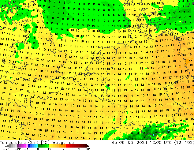 Temperature (2m) Arpege-eu Mo 06.05.2024 18 UTC