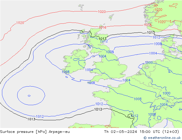 Pressione al suolo Arpege-eu gio 02.05.2024 15 UTC
