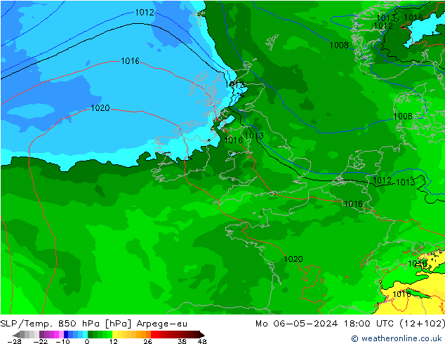 SLP/Temp. 850 hPa Arpege-eu lun 06.05.2024 18 UTC