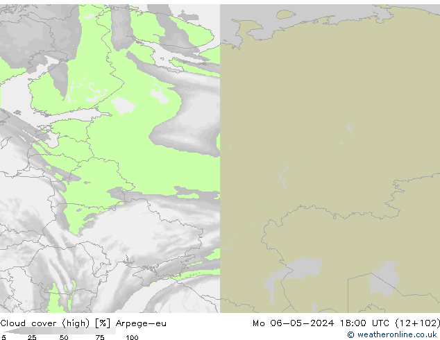 Cloud cover (high) Arpege-eu Mo 06.05.2024 18 UTC
