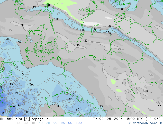 RH 850 hPa Arpege-eu czw. 02.05.2024 18 UTC