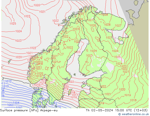 Surface pressure Arpege-eu Th 02.05.2024 15 UTC