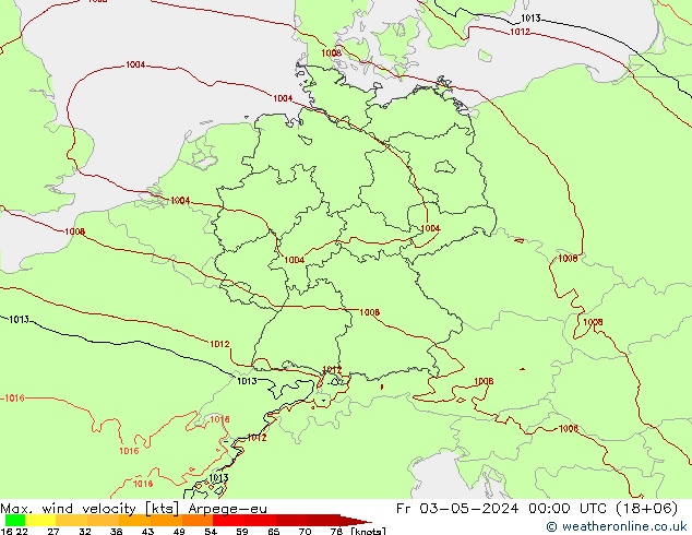 Max. wind velocity Arpege-eu Fr 03.05.2024 00 UTC