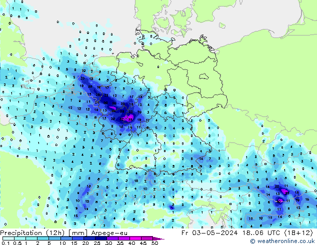 Precipitación (12h) Arpege-eu vie 03.05.2024 06 UTC