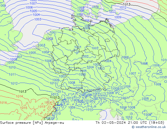 Atmosférický tlak Arpege-eu Čt 02.05.2024 21 UTC