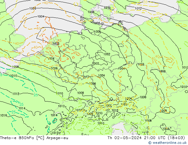 Theta-e 850hPa Arpege-eu Čt 02.05.2024 21 UTC
