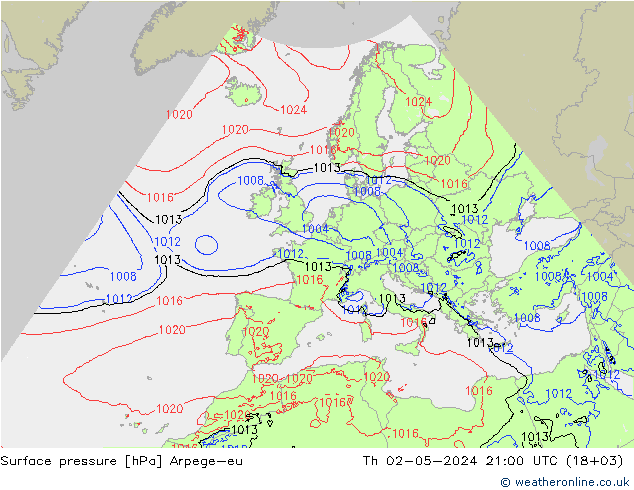 Presión superficial Arpege-eu jue 02.05.2024 21 UTC