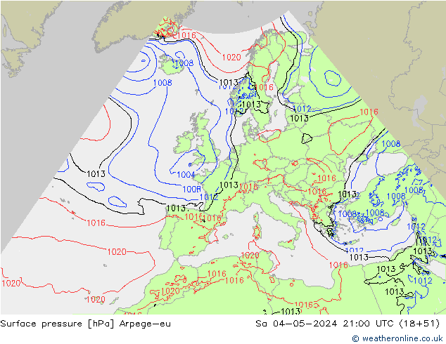 Pressione al suolo Arpege-eu sab 04.05.2024 21 UTC