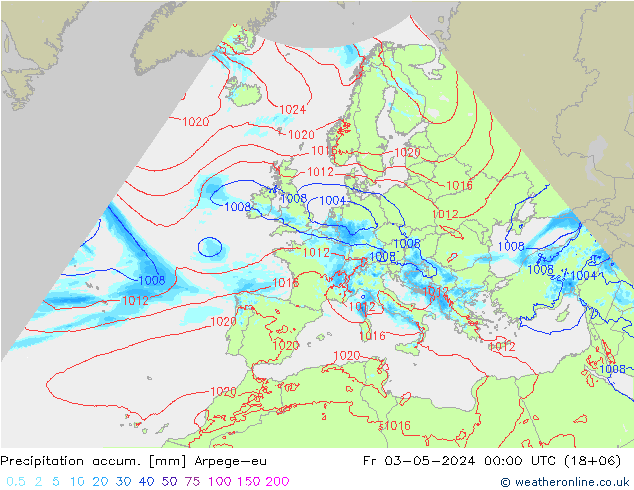Totale neerslag Arpege-eu vr 03.05.2024 00 UTC