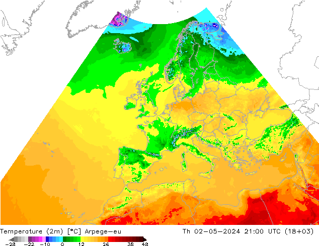 mapa temperatury (2m) Arpege-eu czw. 02.05.2024 21 UTC