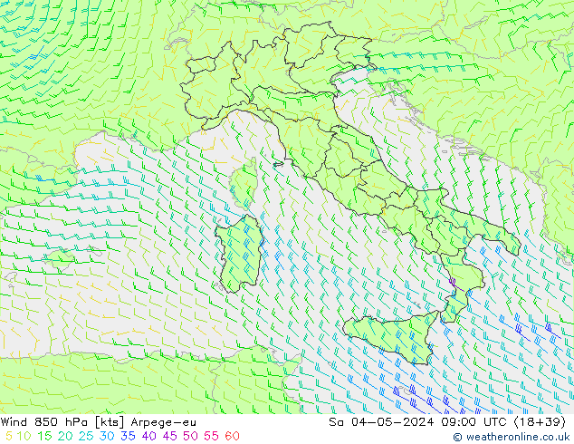 Wind 850 hPa Arpege-eu za 04.05.2024 09 UTC