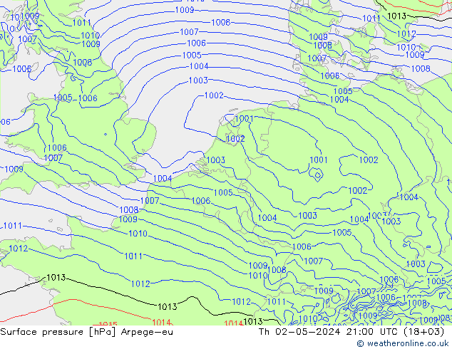 Atmosférický tlak Arpege-eu Čt 02.05.2024 21 UTC