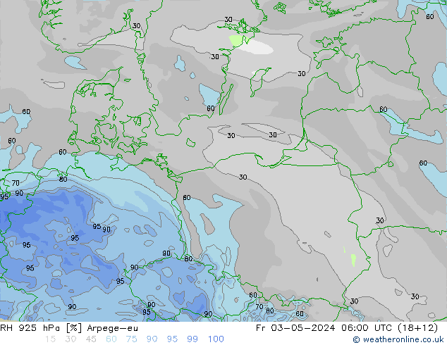 Humedad rel. 925hPa Arpege-eu vie 03.05.2024 06 UTC