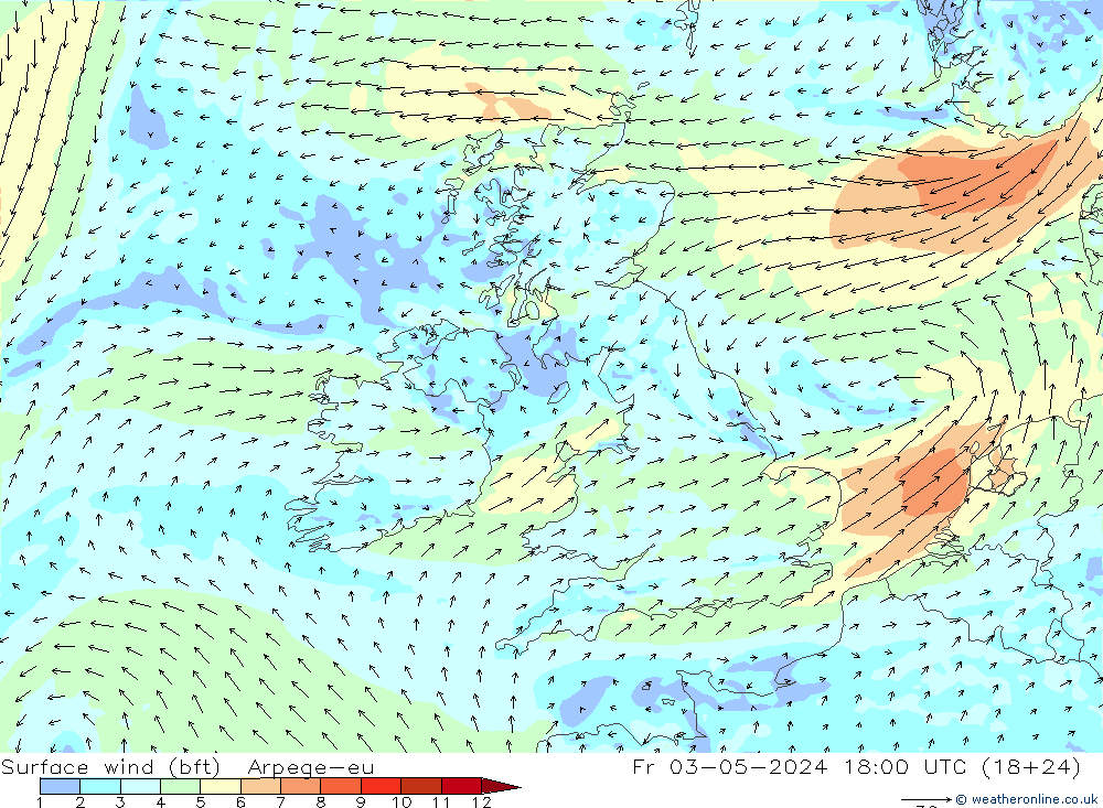 Viento 10 m (bft) Arpege-eu vie 03.05.2024 18 UTC