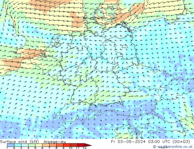 Surface wind (bft) Arpege-eu Fr 03.05.2024 03 UTC