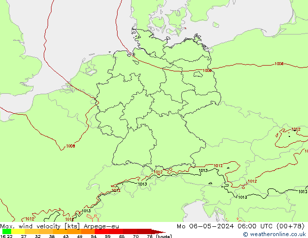 Max. wind velocity Arpege-eu pon. 06.05.2024 06 UTC