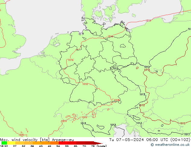 Max. wind velocity Arpege-eu Ter 07.05.2024 06 UTC