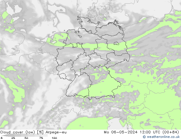 Cloud cover (low) Arpege-eu Mo 06.05.2024 12 UTC