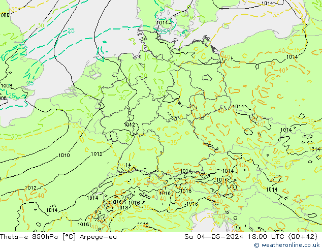 Theta-e 850hPa Arpege-eu Sa 04.05.2024 18 UTC