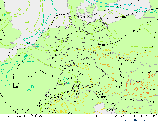 Theta-e 850гПа Arpege-eu вт 07.05.2024 06 UTC