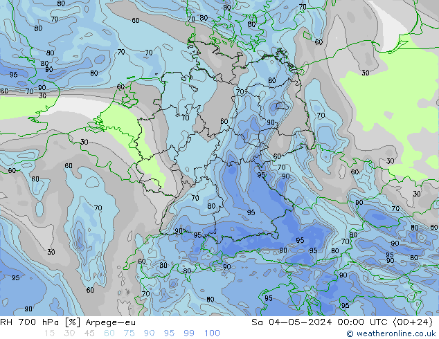 RH 700 hPa Arpege-eu 星期六 04.05.2024 00 UTC