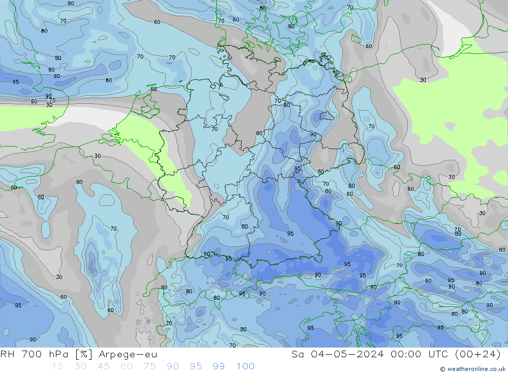 Humedad rel. 700hPa Arpege-eu sáb 04.05.2024 00 UTC
