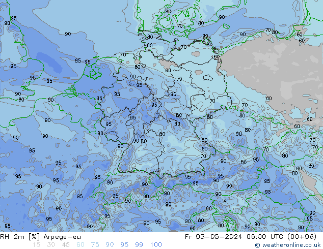 Humedad rel. 2m Arpege-eu vie 03.05.2024 06 UTC