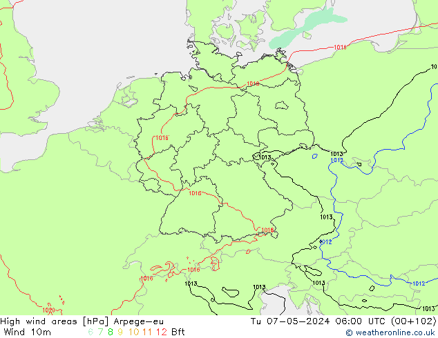 yüksek rüzgarlı alanlar Arpege-eu Sa 07.05.2024 06 UTC