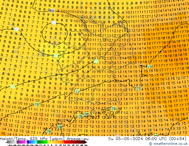 Height/Temp. 925 hPa Arpege-eu Su 05.05.2024 06 UTC