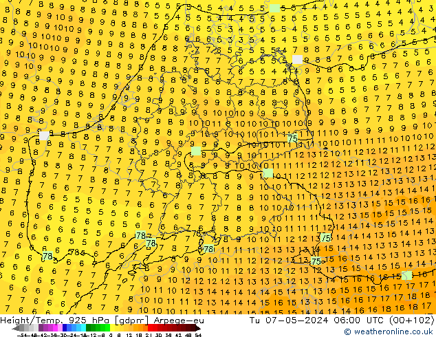 Height/Temp. 925 hPa Arpege-eu Út 07.05.2024 06 UTC