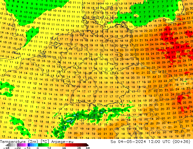 Temperatuurkaart (2m) Arpege-eu za 04.05.2024 12 UTC