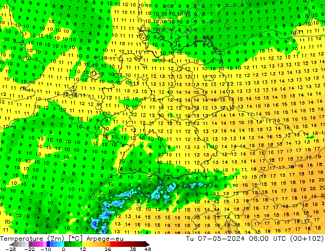 Temperatura (2m) Arpege-eu Ter 07.05.2024 06 UTC
