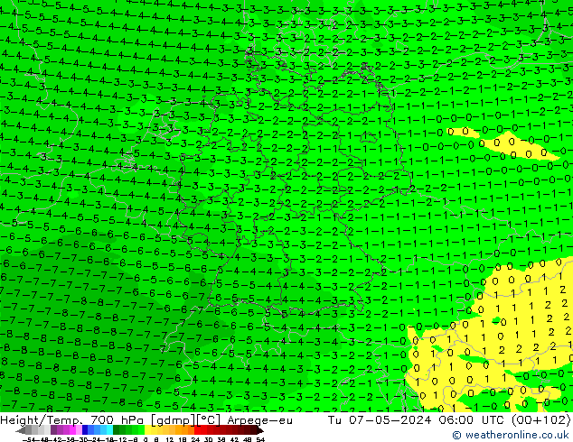 Géop./Temp. 700 hPa Arpege-eu mar 07.05.2024 06 UTC