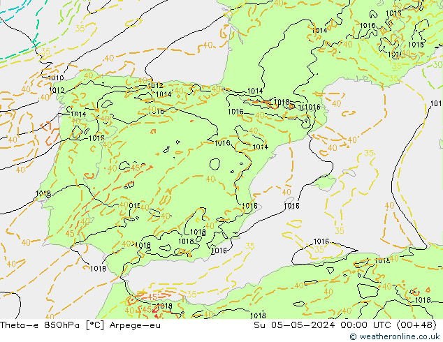 Theta-e 850hPa Arpege-eu Ne 05.05.2024 00 UTC