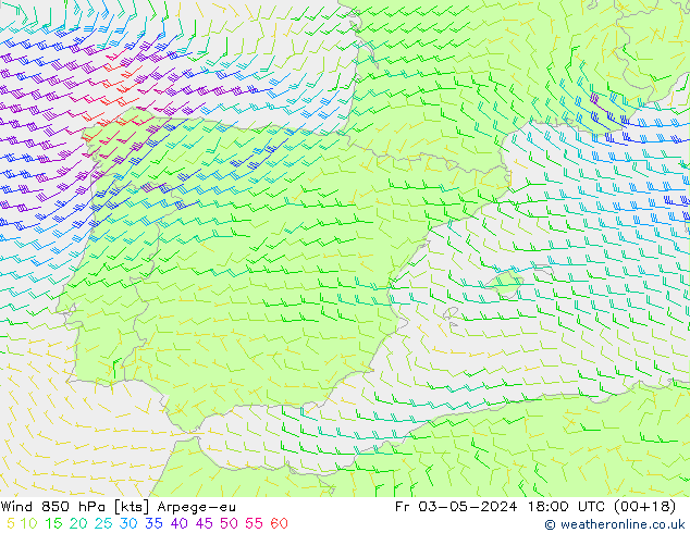 Viento 850 hPa Arpege-eu vie 03.05.2024 18 UTC