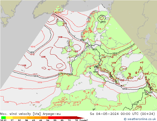 Max. wind velocity Arpege-eu сб 04.05.2024 00 UTC