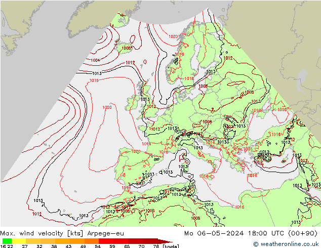 Max. wind velocity Arpege-eu Mo 06.05.2024 18 UTC