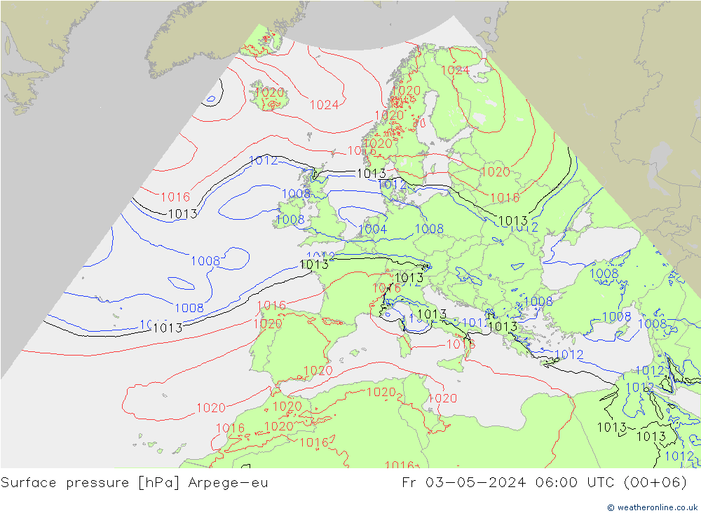 Pressione al suolo Arpege-eu ven 03.05.2024 06 UTC