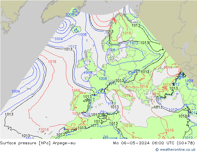 Surface pressure Arpege-eu Mo 06.05.2024 06 UTC