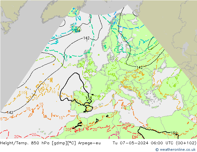 Height/Temp. 850 hPa Arpege-eu Tu 07.05.2024 06 UTC