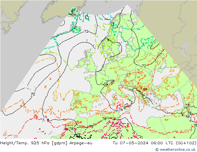 Height/Temp. 925 hPa Arpege-eu Tu 07.05.2024 06 UTC