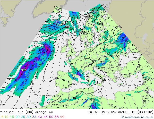 Wind 850 hPa Arpege-eu di 07.05.2024 06 UTC