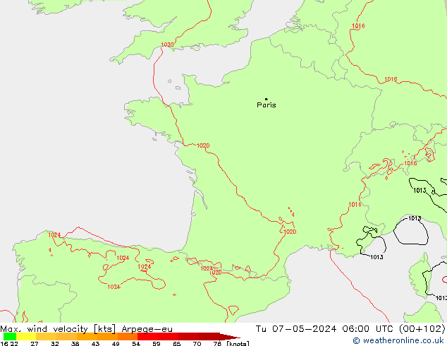 Max. wind velocity Arpege-eu вт 07.05.2024 06 UTC